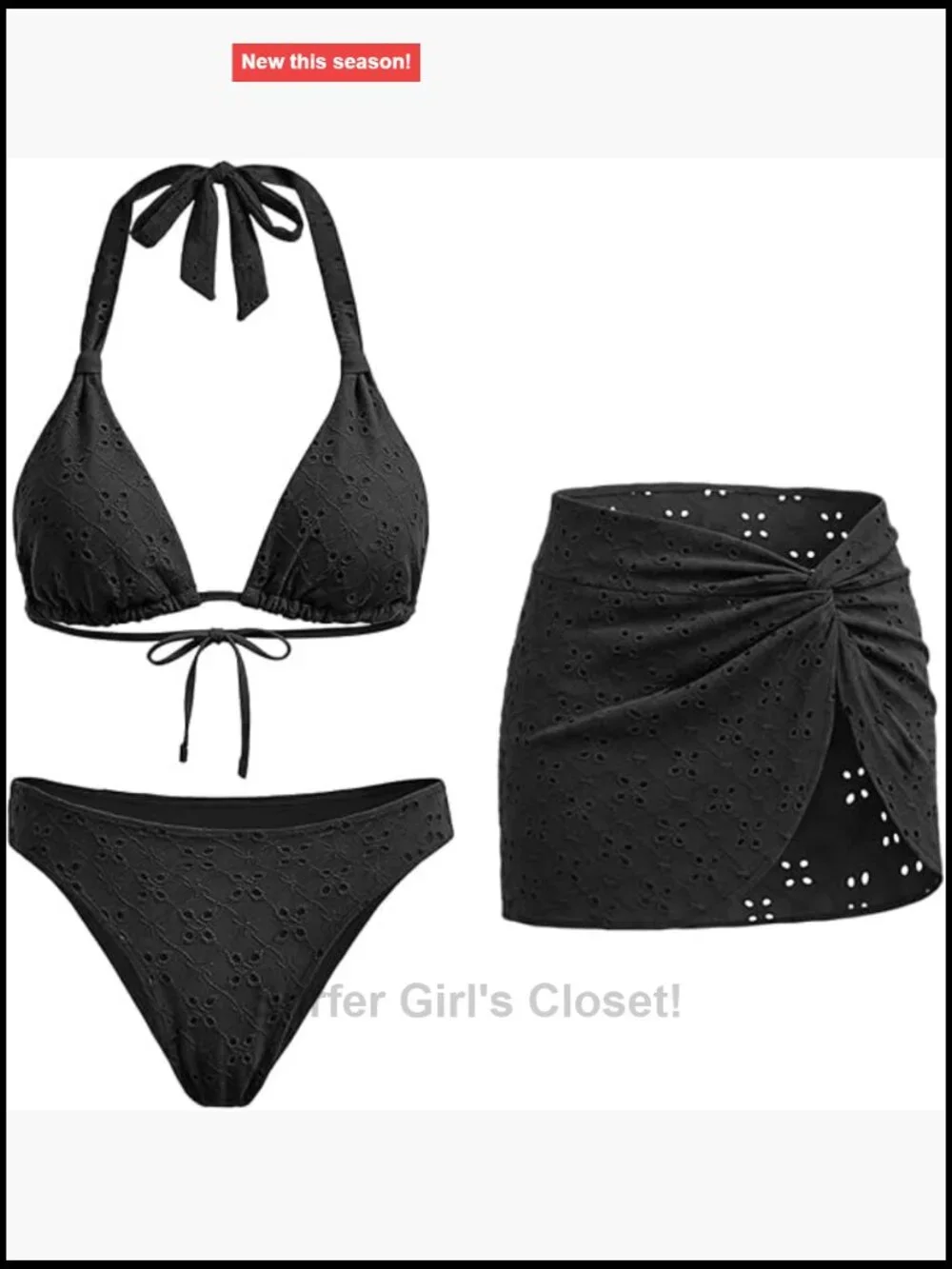 3 Piece Bikini Set Halter Eyelet Swimsuit with Cover Up Skirt